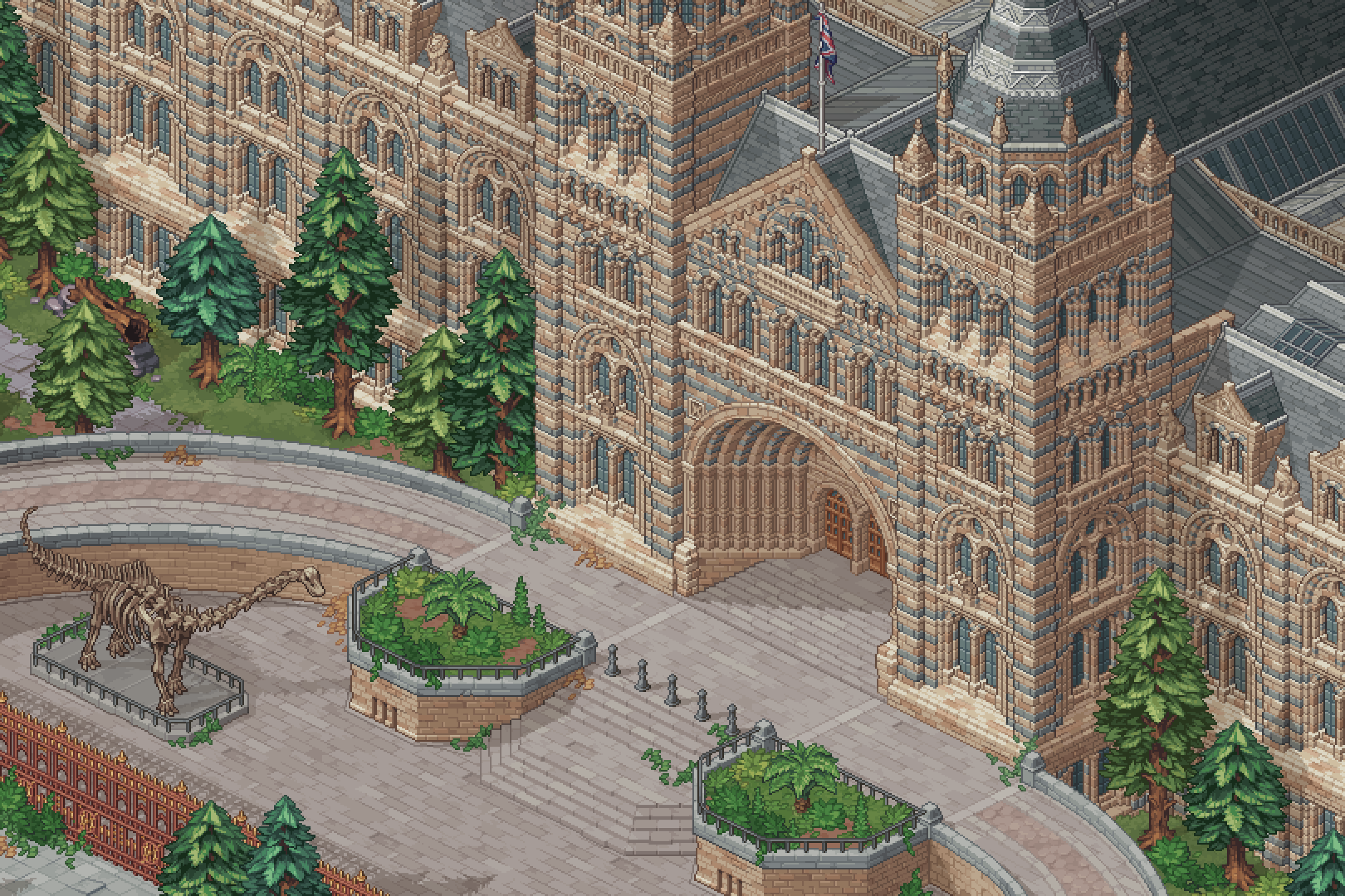 Isometric pixel art of London's Natural History Museum